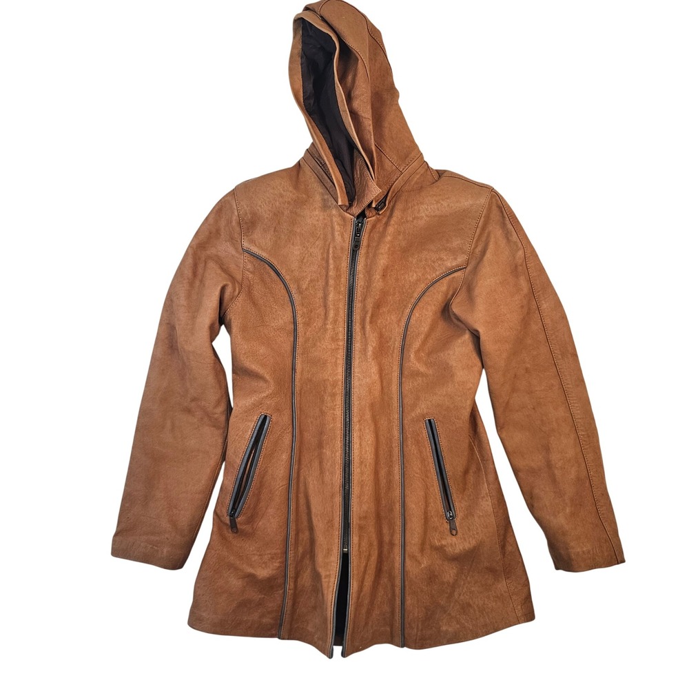 Tenneria San Marcos Brown Hooded Leather Jacket Coat Ecuador Cuero 100% Original